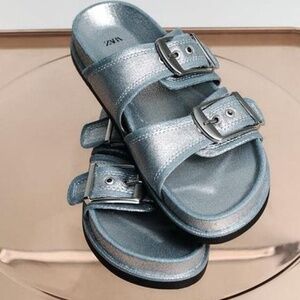 Zara silver metallic buckled denim sandals NWT